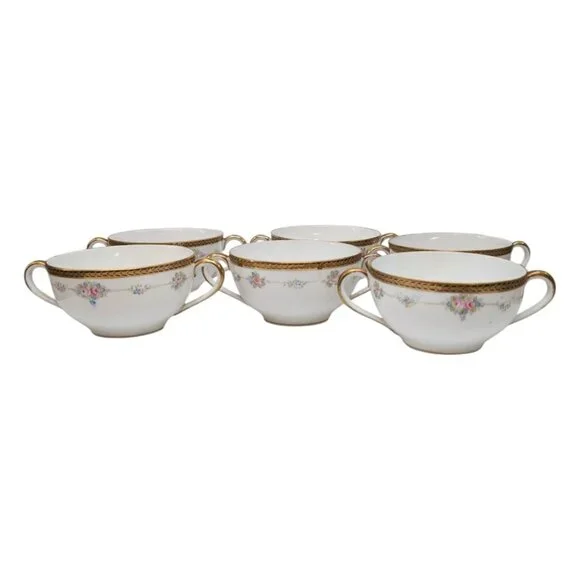 Antique Noritake M Bouillon Cup LOT OF 6 Roses Gold Encrusted N224 Double Handle